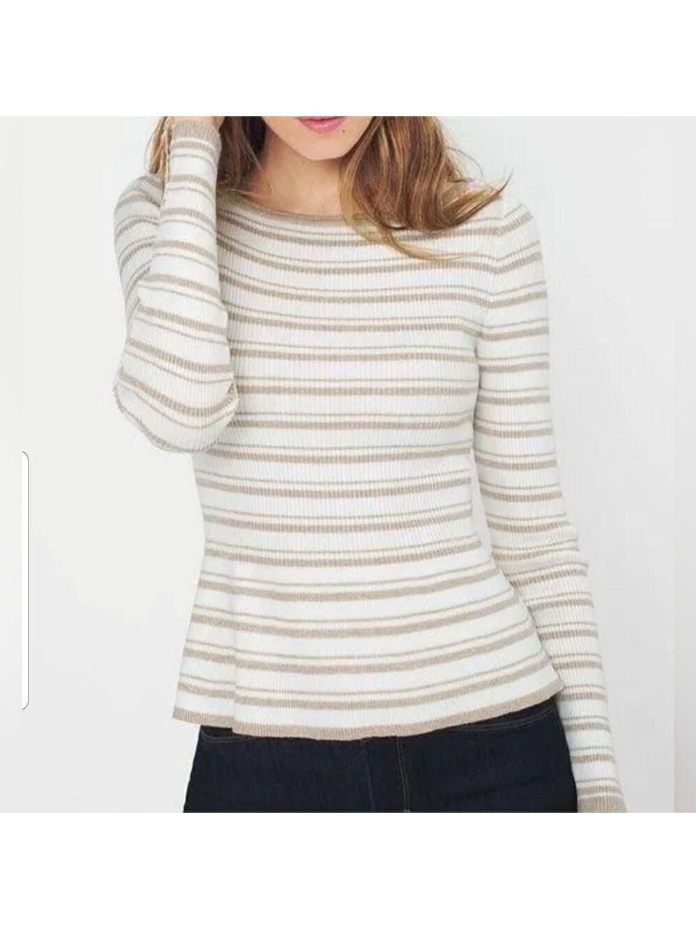 White House Black Market Peplum Sweater Metallic Cream Gold Stripe Top SZ Small